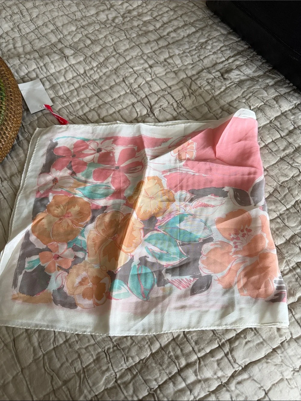 Anne Klein Coral Pink Floral Silk Scarf with Mint Accents
